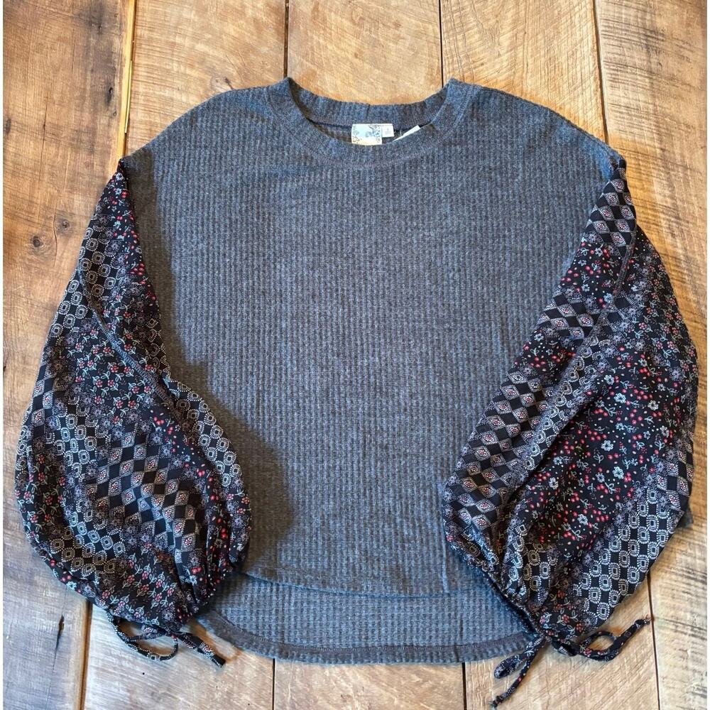 Blu Pepper Womens Boho Knit Top Patterned Balloon Sleeves – Charcoal Gray Size S